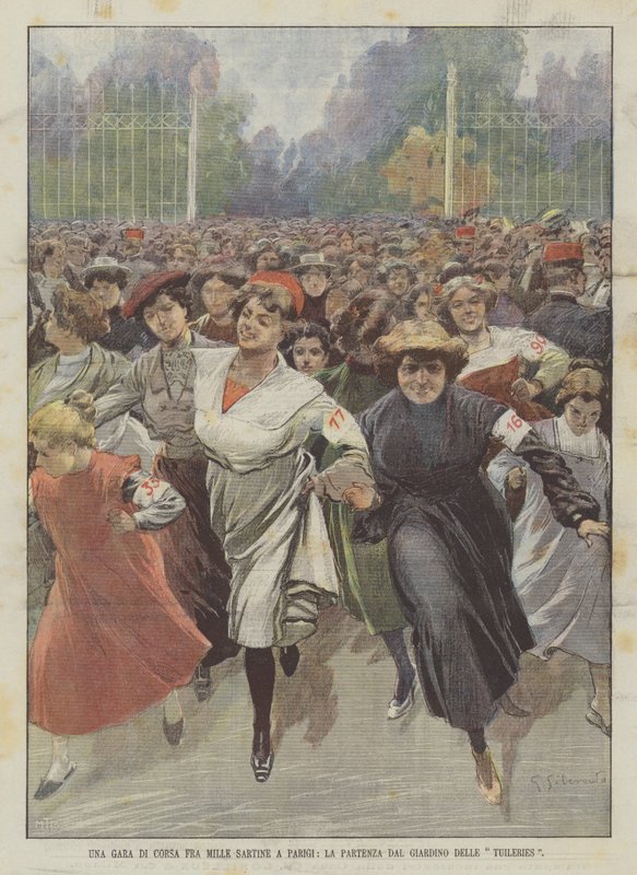 Egy futóverseny ezer Sartine között Párizsban, Indulás a Tuileries-kertből alkotó: Achille Beltrame