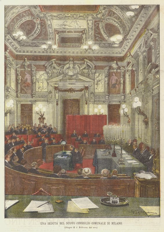 Milánó új városi tanácsának ülése alkotó: Achille Beltrame