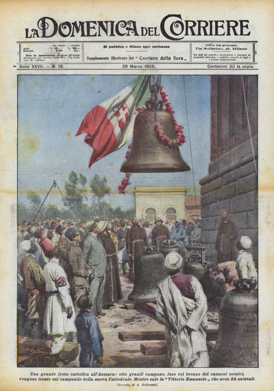 Nagy katolikus lakoma Asmarában, nyolc nagy harang, az ellenséges fegyverek bronzával öntve? alkotó: Achille Beltrame