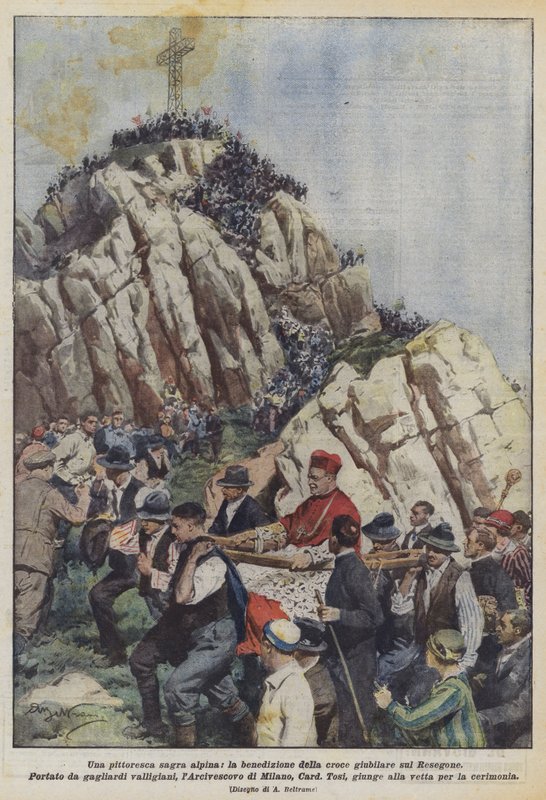Festői alpesi fesztivál, a jubileumi kereszt megáldása a Resegonén alkotó: Achille Beltrame