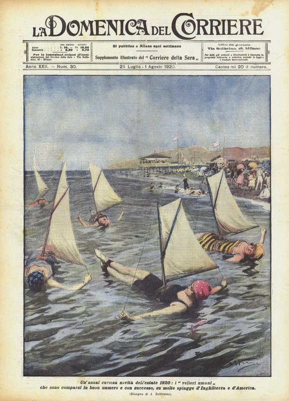 1920 nyarának egy nagyon érdekes újdonsága, a szép számmal megjelent emberi vitorlás hajók és a? alkotó: Achille Beltrame