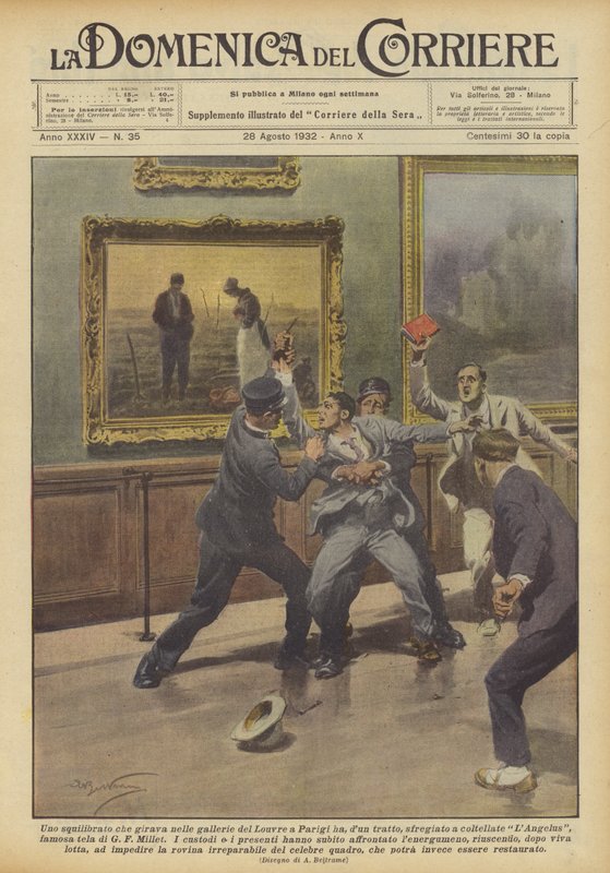 Egy tébolyult ember, aki körbejárta a párizsi Louvre galériáit, hirtelen? alkotó: Achille Beltrame