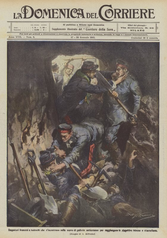 Francia és német sapperek, akik a földalatti alagutak feltárásában találkoznak, hogy összegyűljenek? alkotó: Achille Beltrame