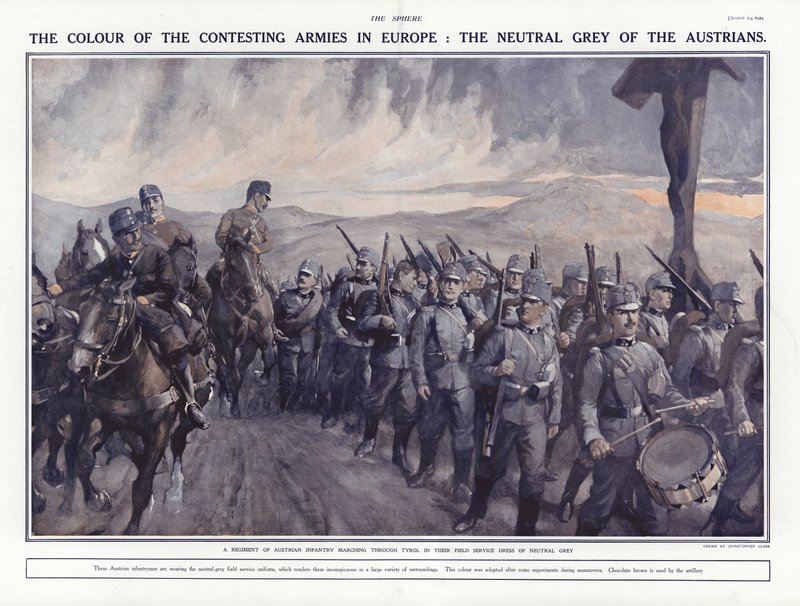 Osztrák katonák vonulnak Tirolban, I. világháború, 1914 alkotó: Addison Thomas Millar
