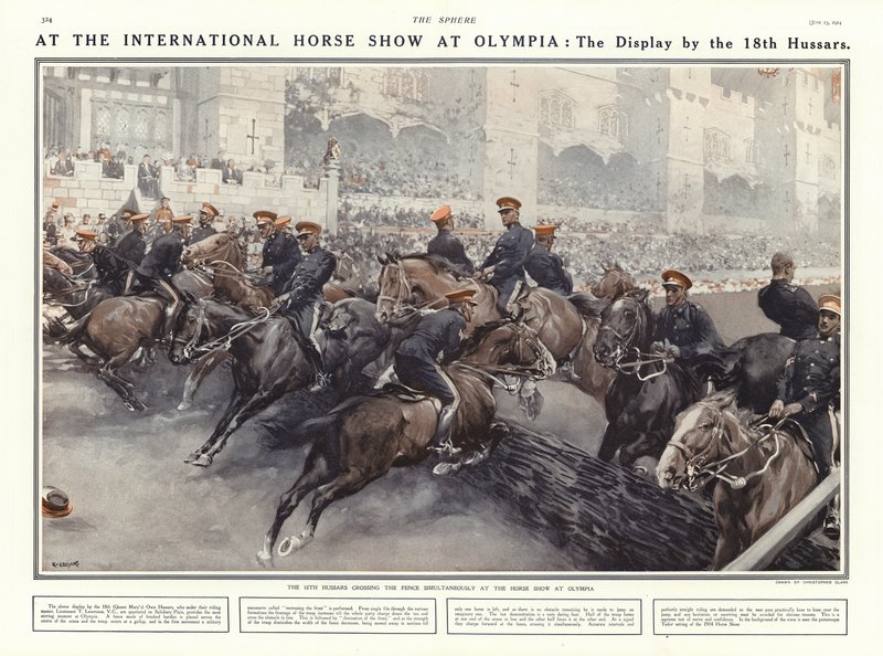 A 18. huszárezred bemutatója a londoni Olympia Nemzetközi Lovas Kiállításon, London, 1914. alkotó: Addison Thomas Millar