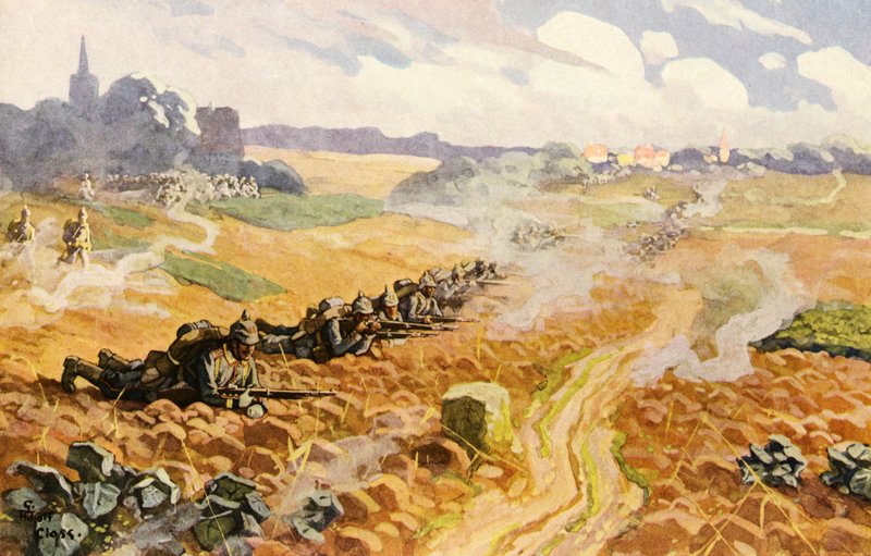 A sor porosz gyalogsága a támadásban (színes litho) alkotó: Adolf Closs