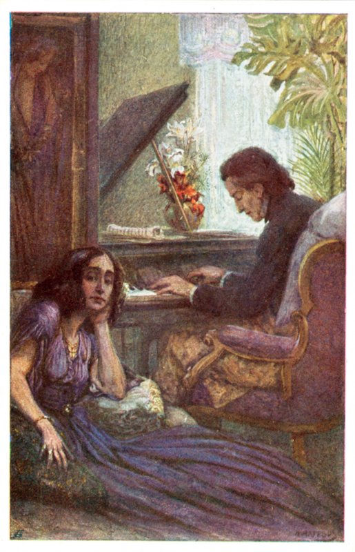 Zenész és zeneszerző, Frederic Chopin, George Sand közreműködésével Adolf Karpellus (színes litó) alkotó: Adolf Karpellus