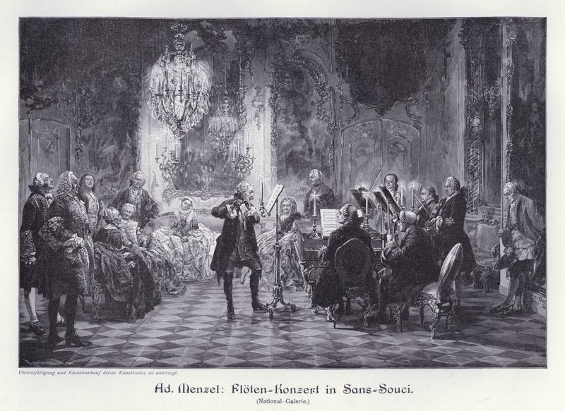 Fuvolakoncert a Sanssouci palotában, Potsdam, Poroszország (metszet) alkotó: Adolph Friedrich Erdmann von (after) Menzel