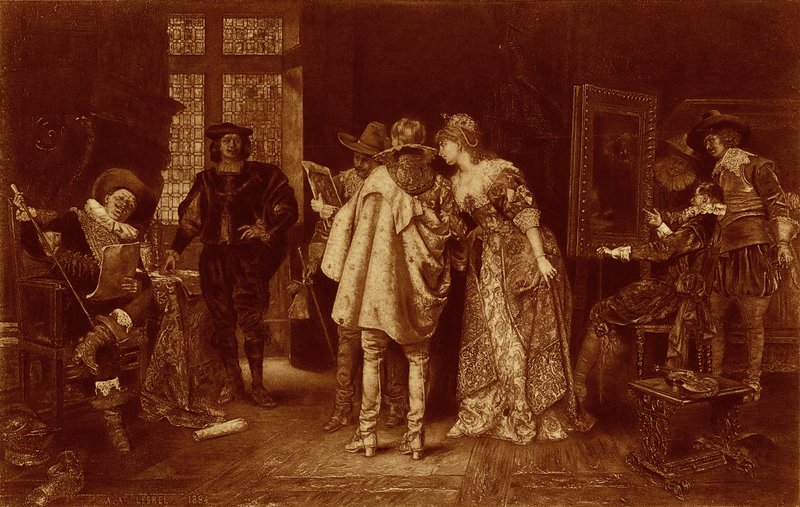 Ínyencek a Rembrandt stúdiójában, illusztráció a „Nagy férfiak és híres nők” című könyvből (litho) alkotó: Adolphe Alexandre (after) Lesrel