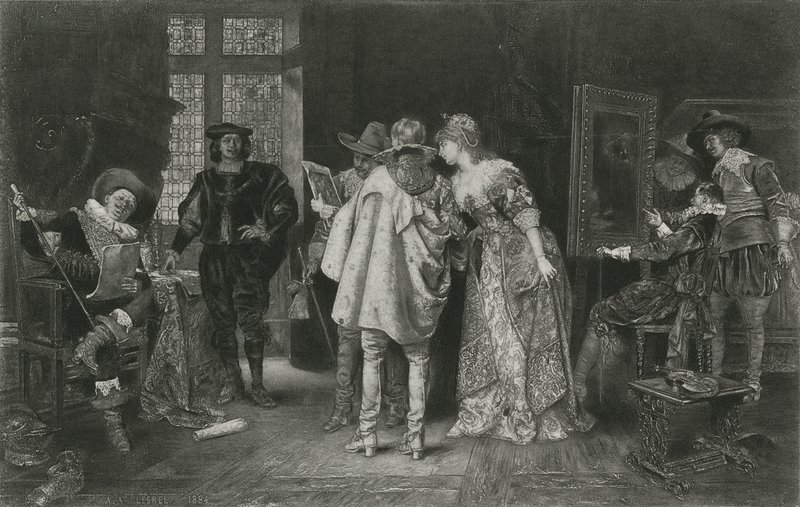 Ínyencek a Rembrandt stúdiójában, illusztráció a „Nagy férfiak és híres nők” című könyvből (litho) alkotó: Adolphe Alexandre (after) Lesrel