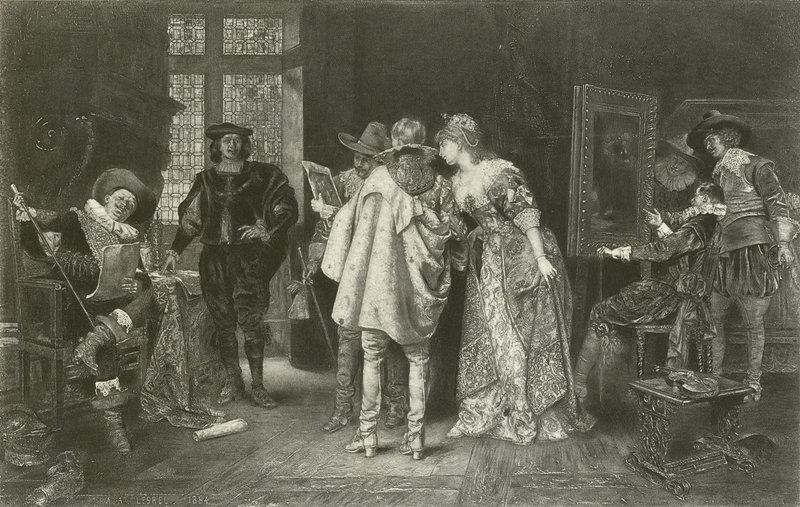 Ínyencek a Rembrandt stúdiójában (mélynyomás) alkotó: Adolphe Alexandre Lesrel