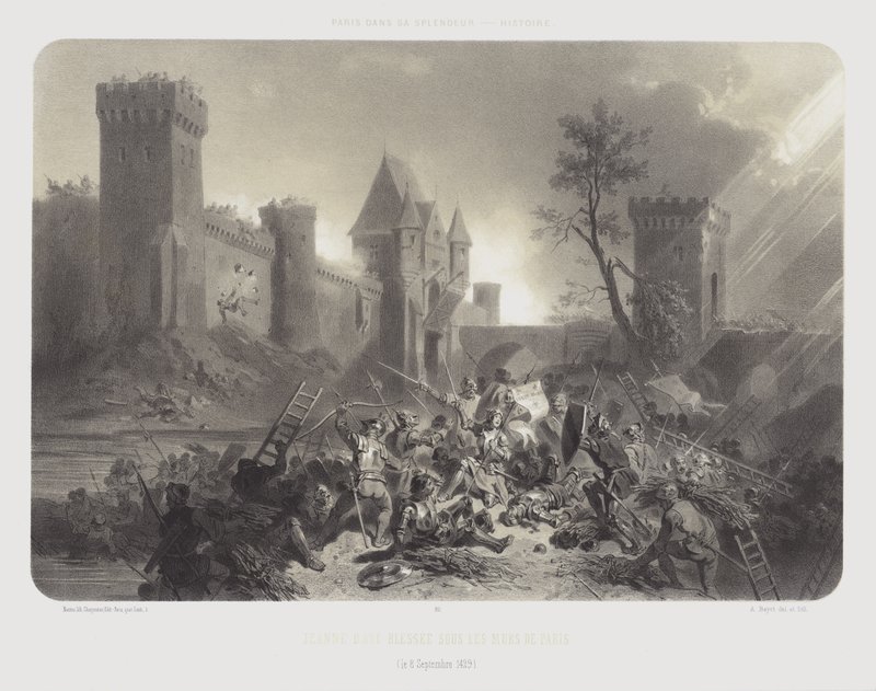 Jeanne of Arc megsebesült Párizs falai előtt, 1429. szeptember 8. (litho) alkotó: Adolphe Jean Baptiste (after) Bayot