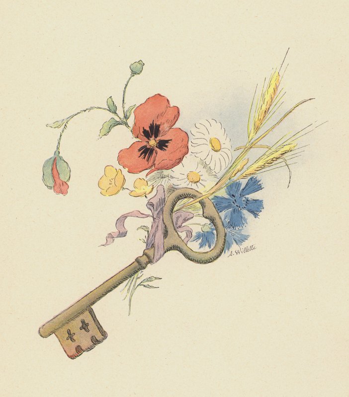 Kulcs és virágok (színes litó) alkotó: Adolphe Leon Willette