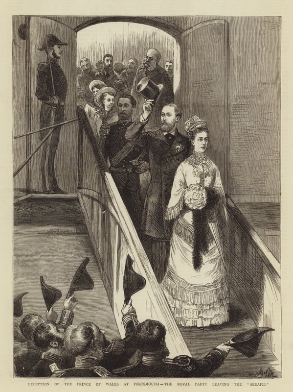 A walesi herceg fogadása Portsmouthban, a királyi párt elhagyja a Serapist alkotó: Adrien Emmanuel Marie