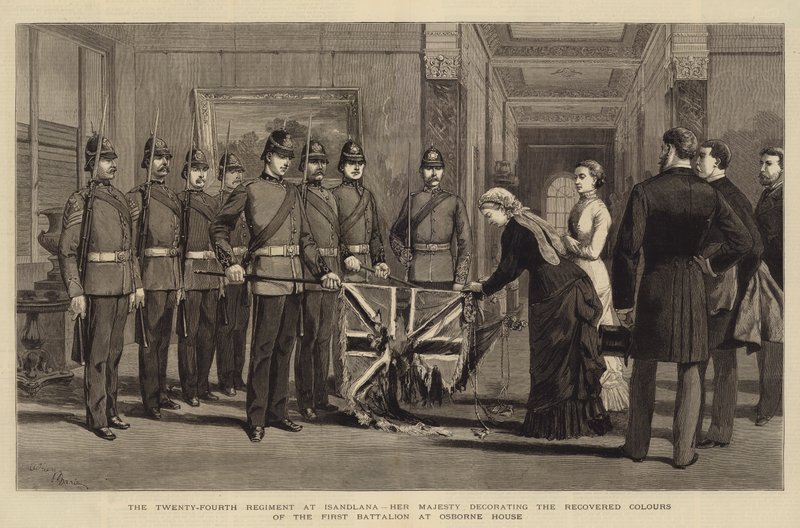 A huszonnegyedik ezred Isandlanában, Őfelsége az Osborne House-ban az első zászlóalj visszanyert színeit díszíti alkotó: Adrien Emmanuel Marie