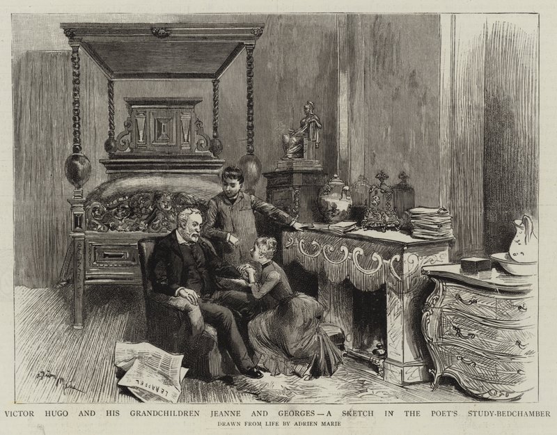 Victor Hugo és unokái, Jeanne és Georges, egy vázlat a költő dolgozószobájában-hálószobájában alkotó: Adrien Emmanuel Marie