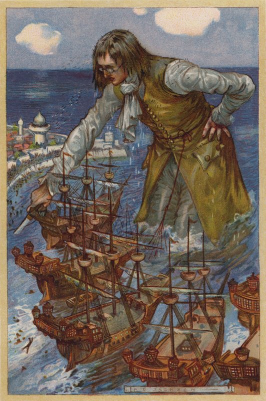 Gulliver elfoglalja a Blefuscudians flottáját (chromolitho) alkotó: Albert Edward Jackson