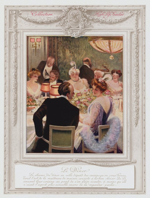 Belle Epoque Paris, Divatos hölgy vacsorázik (színes litho) alkotó: Albert Guillaume