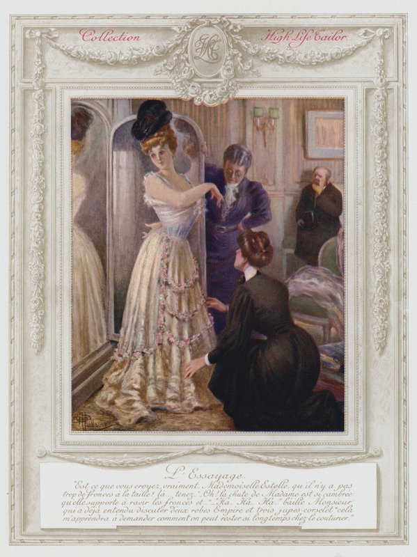 Belle Epoque Paris, Divatos hölgy, ruhát próbál (színes litho) alkotó: Albert Guillaume