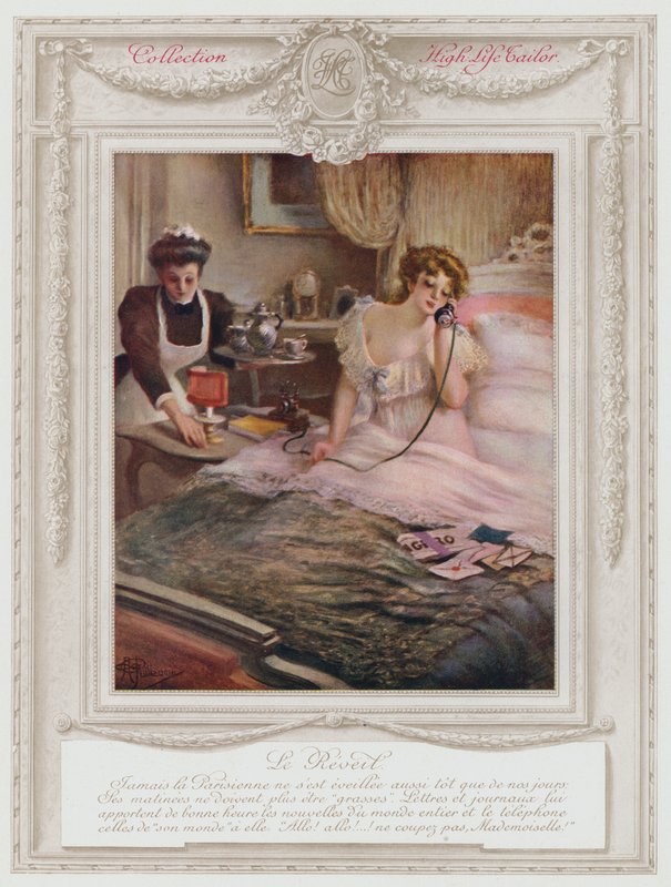 Belle Epoque Paris, Divatos hölgy ébredező (színes litó) alkotó: Albert Guillaume