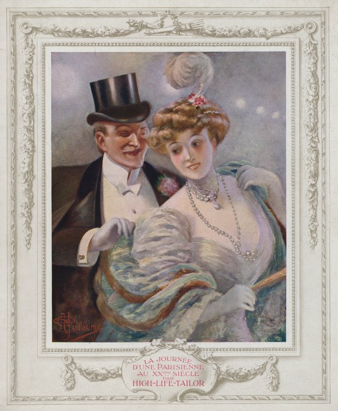 Belle Epoque Paris, Divatos hölgy tisztelőjével (színes litó) alkotó: Albert Guillaume