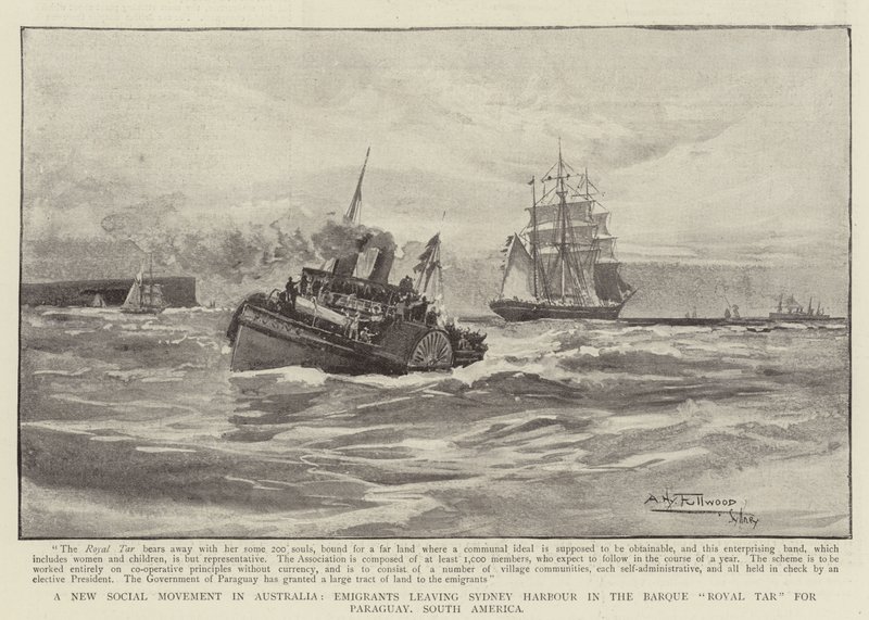 Egy új társadalmi mozgalom Ausztráliában, a Sydney kikötőjéből a Royal Tar bárkán a dél-amerikai Paraguayba tartó kivándorlók alkotó: Albert Henry Fullwood