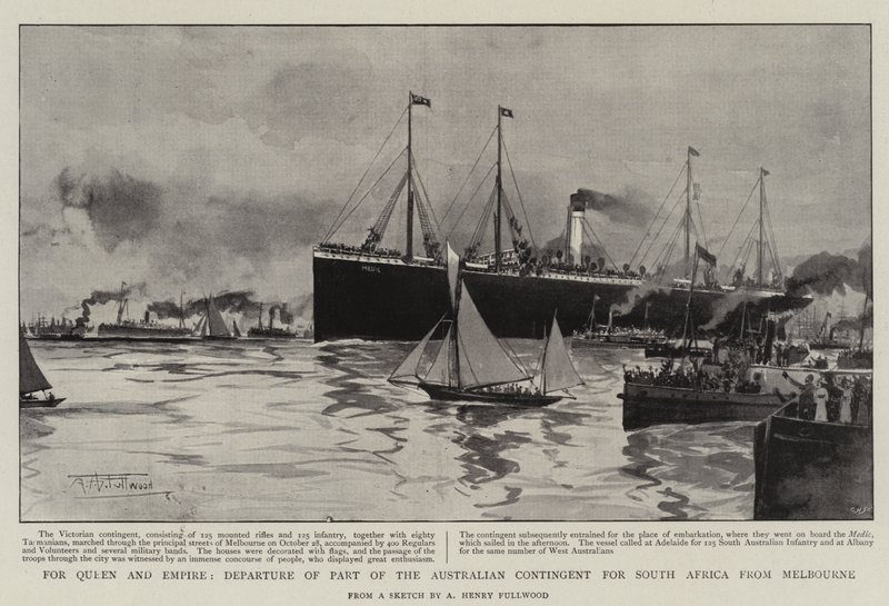 A Queen and Empire számára az ausztrál kontingens egy részének indulása Dél-Afrikába Melbourne-ből alkotó: Albert Henry Fullwood
