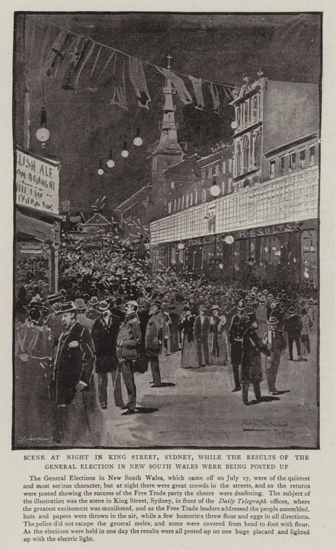 Éjszakai jelenet a sydney-i King Streeten, miközben az új-dél-walesi általános választások eredményeit kifüggesztették. alkotó: Albert Henry Fullwood