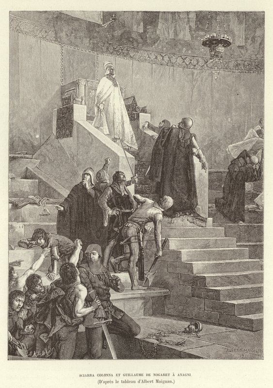 Sciarra Colonna és Guillaume de Nogaret Anagniban. Sciarra Colonna és Guillaume de Nogaret VIII. Bonifác pápával szemben az olaszországi Anagniban alkotó: Albert Pierre Rene Maignan