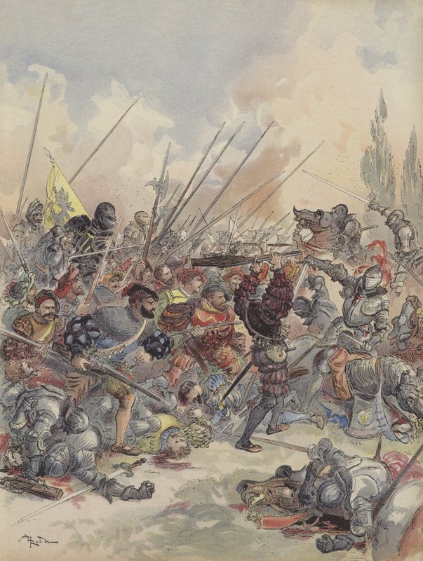 A király Paviánál leesik lováról, megsebesülve harcol az őt körülvevő támadófelhővel (színes litho) alkotó: Albert Robida