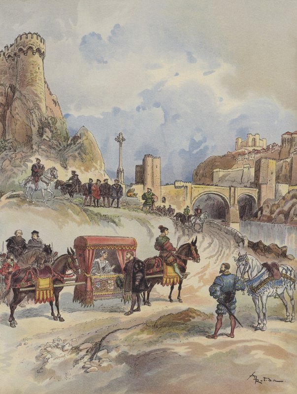 Marguerite de France, aki meglátogatja testvérét, a Pont de Tolede-ban fogadja Charles-Quint alkotó: Albert Robida