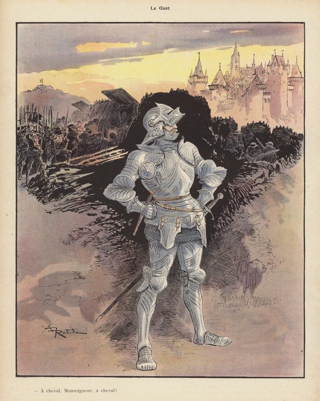 Az óra; páncélos katona egy város ostromát nézi (színes litho) alkotó: Albert Robida