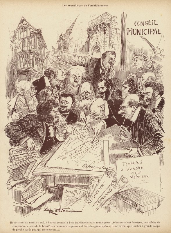 Az elcsúfító munkásai: az önkormányzati tanács tervezési osztálya (litho) alkotó: Albert Robida
