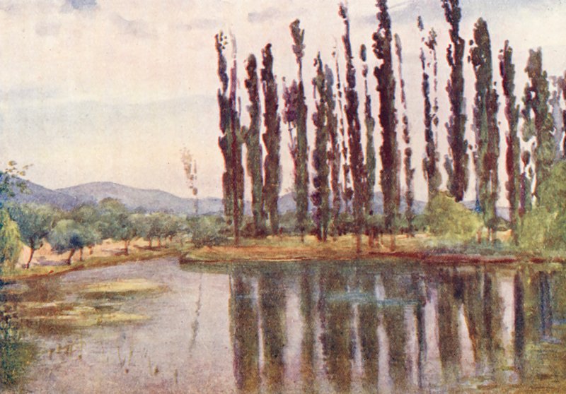 A Clitumnus-templom közelében (színes litográfia) alkotó: Alberto Pisa