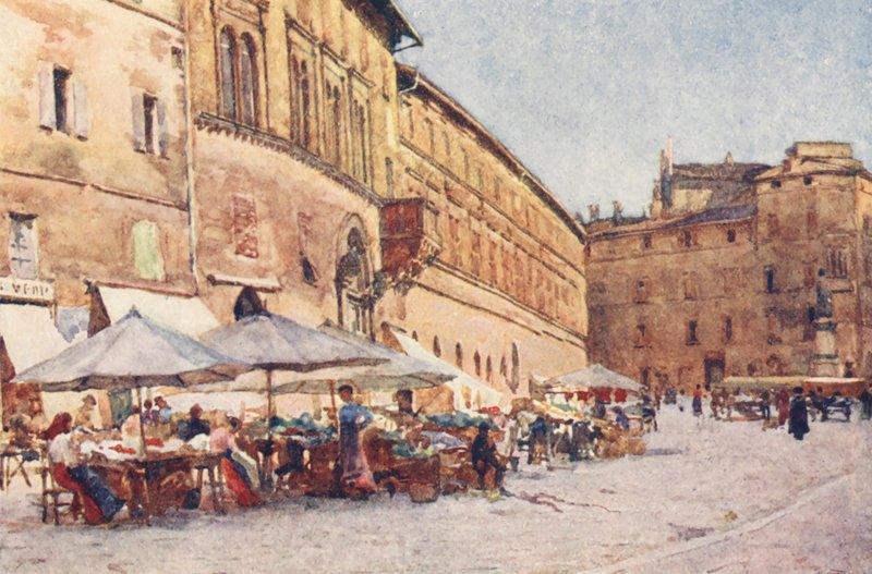 Piactér, Perugia (színes litográfia) alkotó: Alberto Pisa
