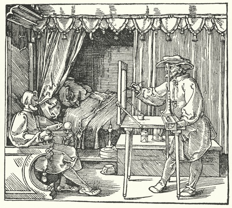 A méretarányos kép előállításának módja a tárgy körvonalainak üveglapon történő megjelölésével (gravírozás) alkotó: Albrecht (after) Durer or Duerer