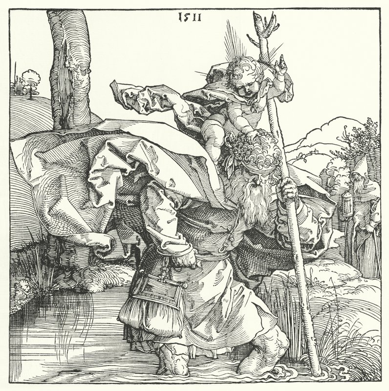 Szent Kristóf, aki a csecsemő Krisztust hordozza (metszet) alkotó: Albrecht (after) Durer or Duerer