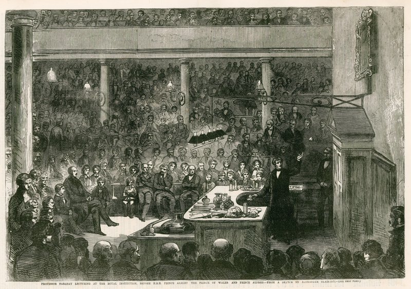 Faraday professzor előadásokat tart a Királyi Intézetben Albert herceg, a walesi herceg és Alfred herceg előtt alkotó: Alexander Blaikley
