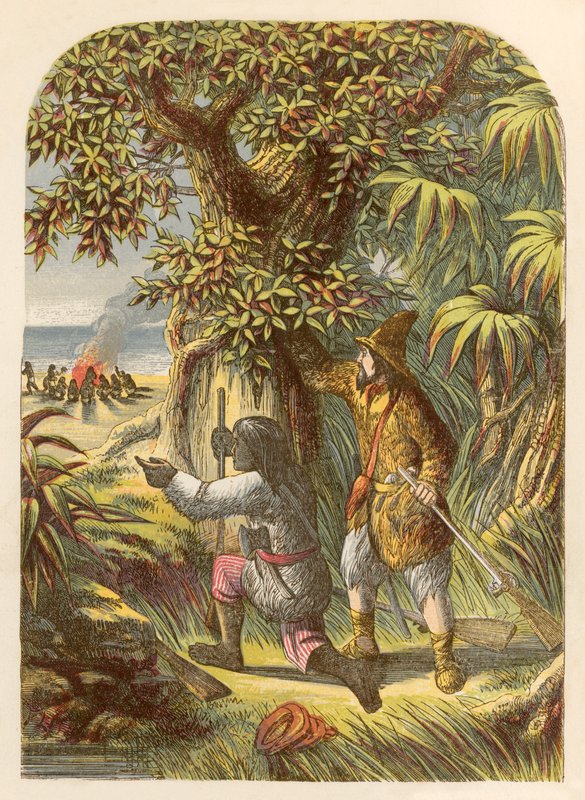 Robinson Crusoe és Friday megtámadják a vadakat alkotó: Alexander Francis Lydon