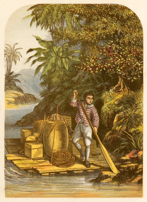 A Robinson Crusoe egy tutaj segítségével sok hasznos cikket ment meg a hajóról alkotó: Alexander Francis Lydon