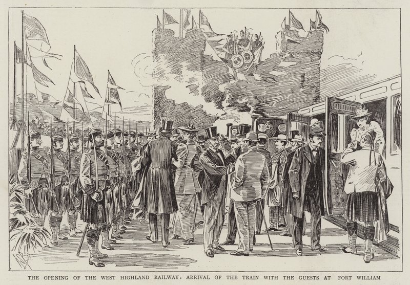A West Highland Railway megnyitása, a vonat érkezése Fort Williambe a vendégekkel alkotó: Alexander Stuart Boyd