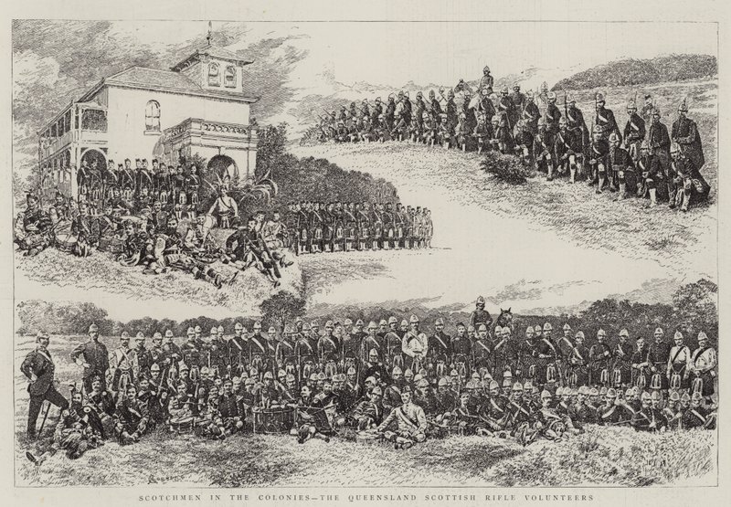 Skótok a gyarmatokon, a queenslandi skót puskás önkéntesek alkotó: Alfred Chantrey Corbould