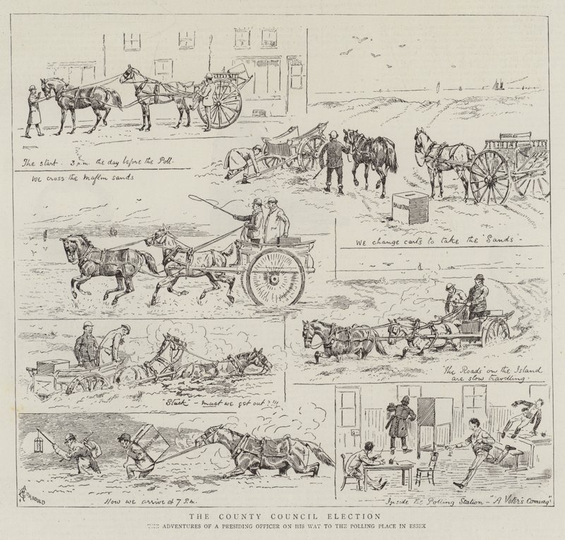 A megyei tanácsi választások, egy elnöki tiszt kalandjai a szavazóhelyiség felé vezető úton Essexben alkotó: Alfred Chantrey Corbould