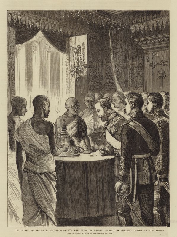 A walesi herceg Ceylonban, Kandyban, a buddhista papok Buddha fogát a hercegnek kiállító buddhista papok alkotó: Alfred Chantrey Corbould