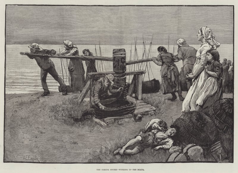 A közelgő vihar, a hajók felhúzása alkotó: Alfred Edward Emslie