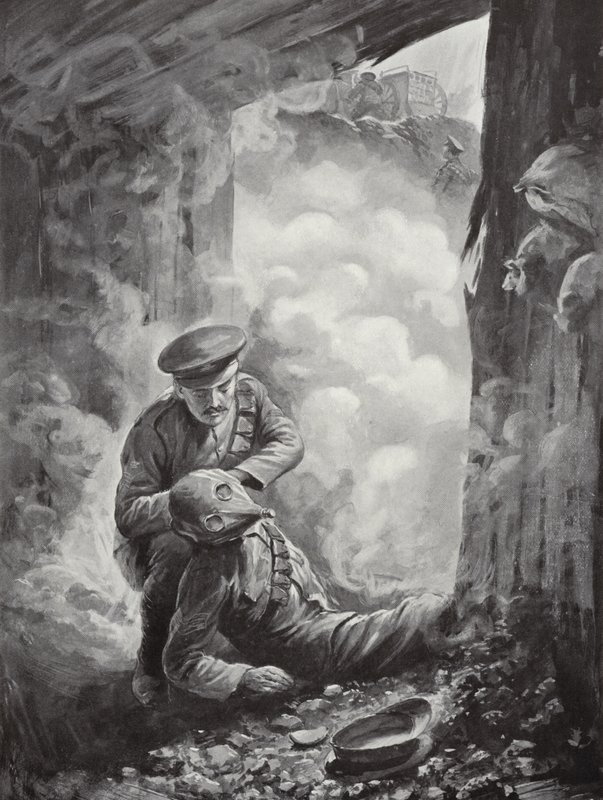 John Raynes megbízott őrmester, aki füstsisakot Ayres őrmesterre helyezi egy gázlövedék robbanása után, 1915. október 11. alkotó: Alfred Pearse