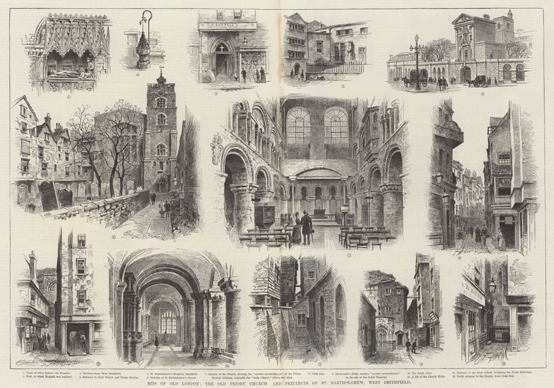 Régi londoni darabok, a régi perjelség templom és a Szent Bertalan templomrész, West Smithfield alkotó: Alfred Robert Quinton