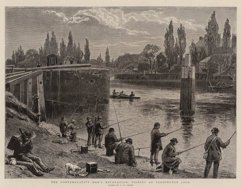 A szemlélődő ember kikapcsolódása, horgászat a Teddington-zsilipnél alkotó: Alfred W. Cooper