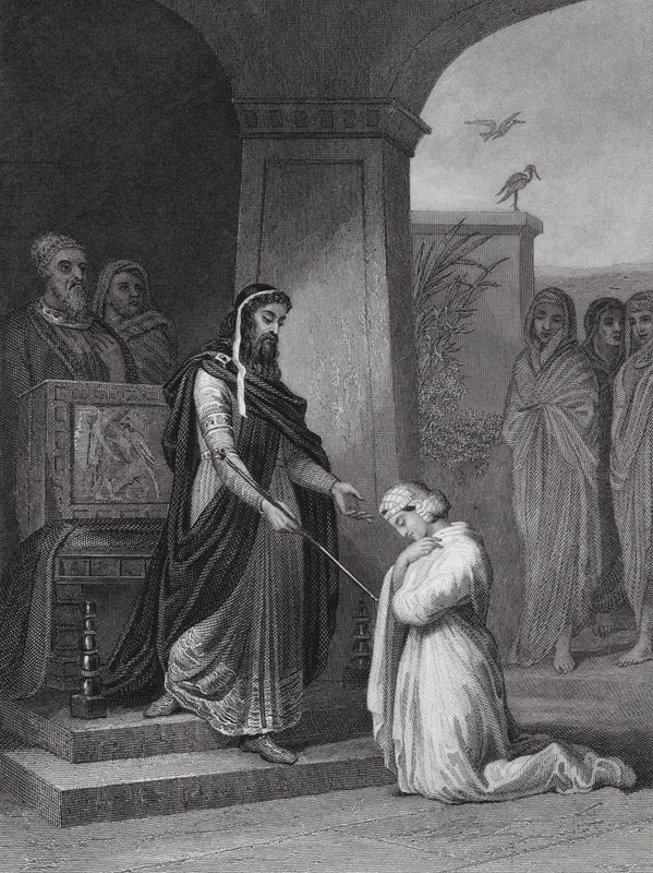 Eszter Ahasvérus király előtt, Eszter, 15. fejezet, 11. v. (metszet) alkotó: Alfred (after) Johannot