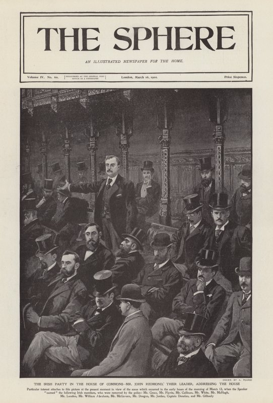 John Redmond ír képviselő beszédet mond az alsóházban (litho) alkotó: Alfred (after) Pearse